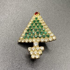 Vintage Rhinestone Christmas Tree Brooch Mini Cluster Pin Red Green Clear
